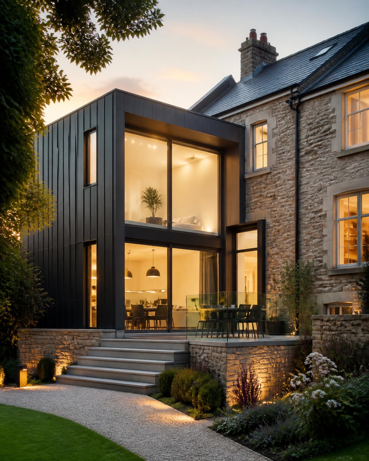 Contemporary home addition integrated with an original stone facade at dusk