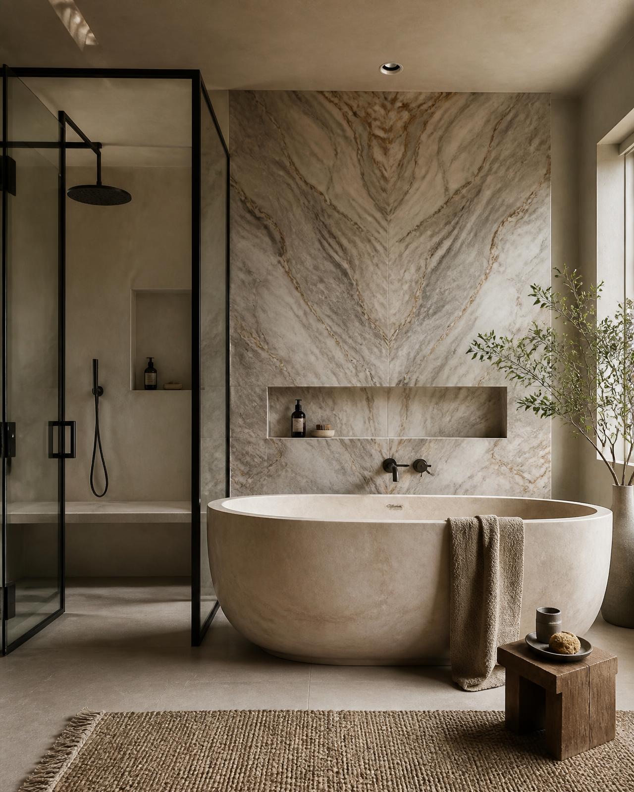 Spa-inspired primary bathroom with book-matched stone wall and freestanding stone tub