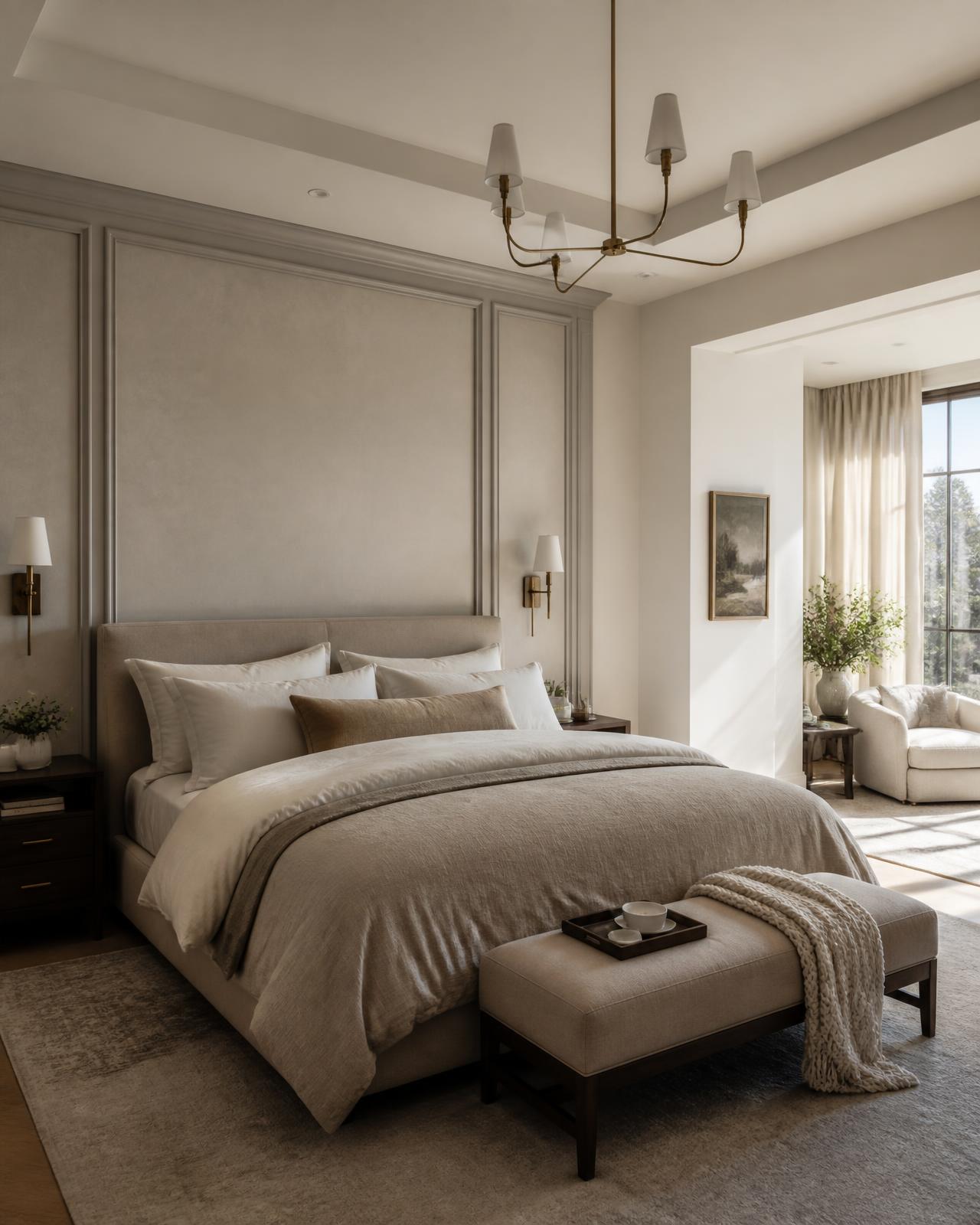 Luxury primary suite with custom millwork wall and warm morning light