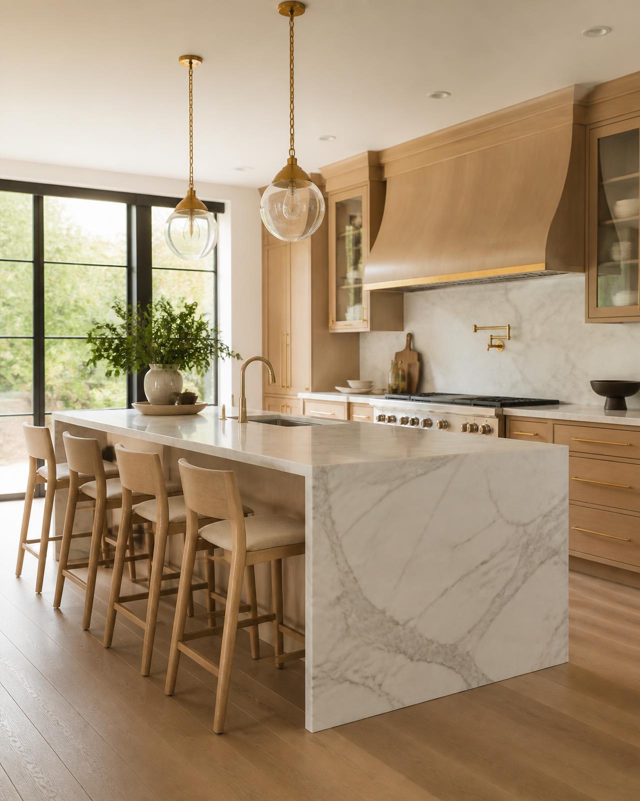 Luxury kitchen with marble waterfall island, white oak cabinetry, and brass fixtures
