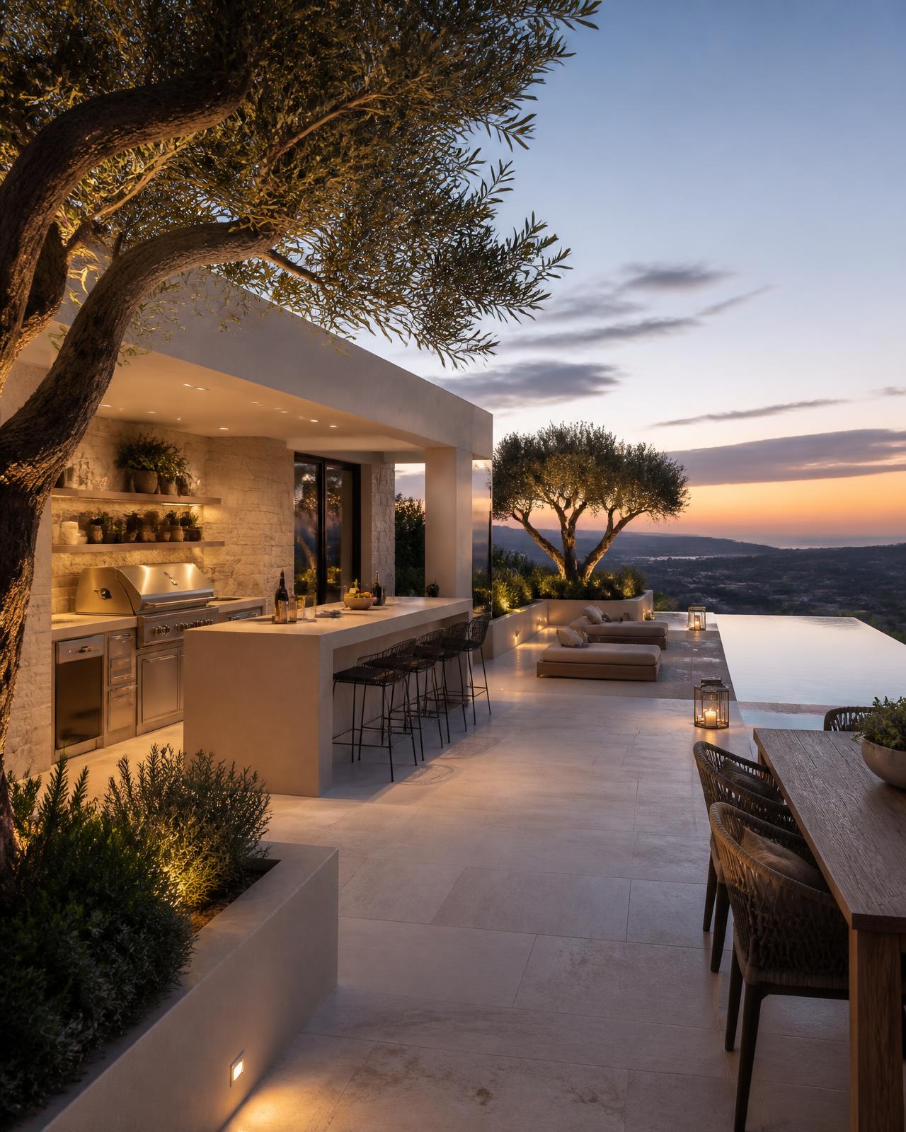 Outdoor terrace with limestone paving, built-in kitchen, and infinity pool at dusk