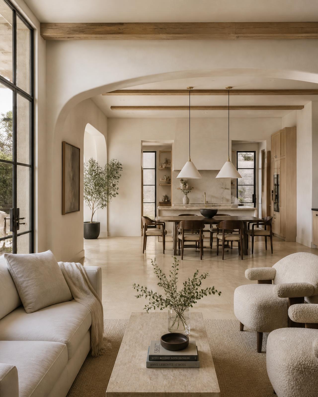 Open living and dining space of a whole-home renovation with limestone floors and white oak beams